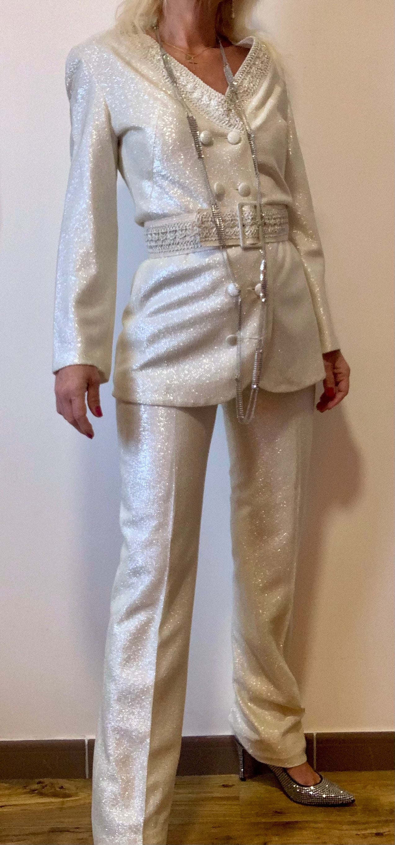 Somptueux Ensemble Fait Main Pailleté Disco Pépite Vintage 1970 Strass