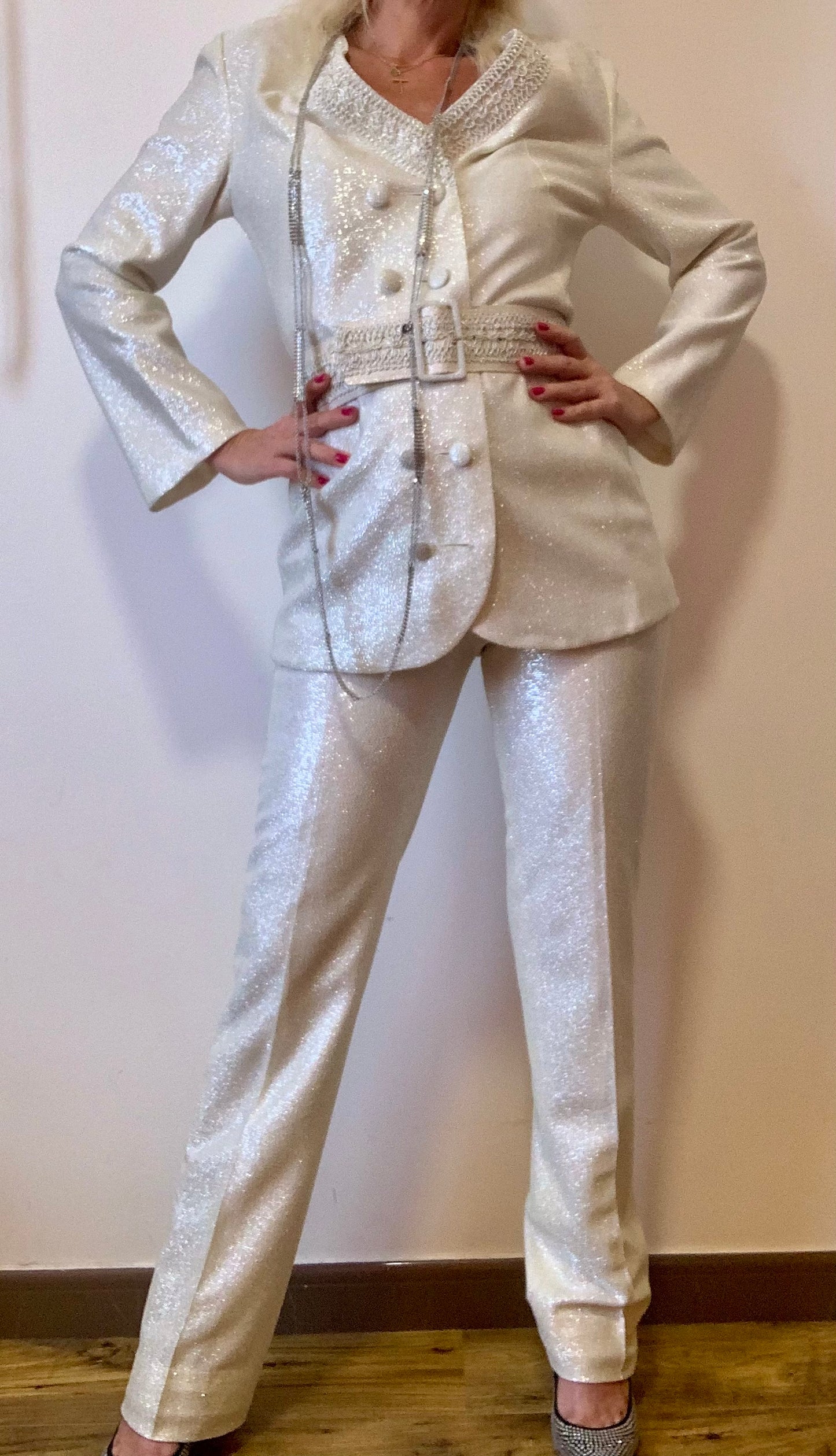 Somptueux Ensemble Fait Main Pailleté Disco Pépite Vintage 1970 Strass