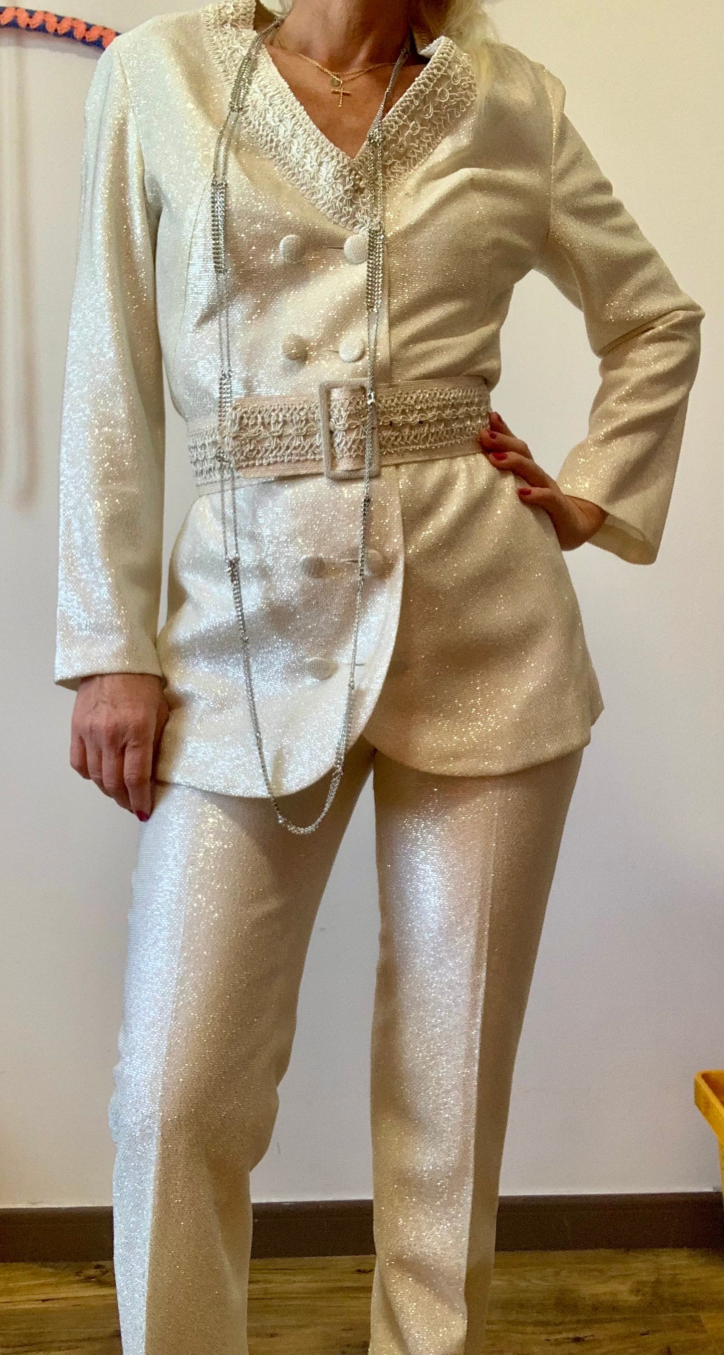 Somptueux Ensemble Fait Main Pailleté Disco Pépite Vintage 1970 Strass