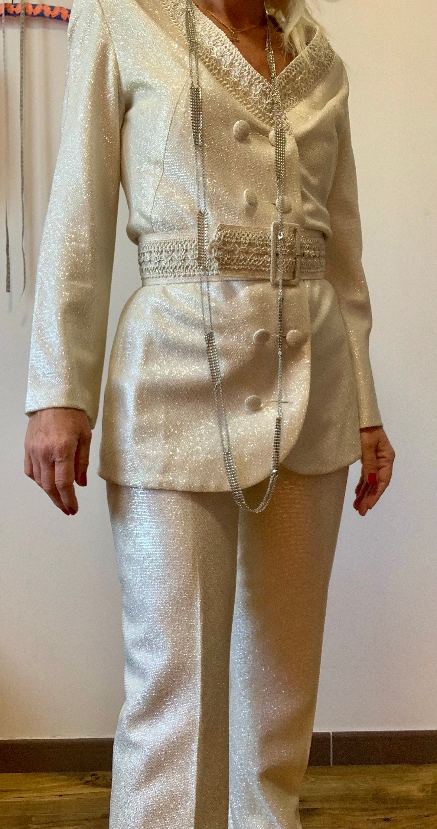 Somptueux Ensemble Fait Main Pailleté Disco Pépite Vintage 1970 Strass
