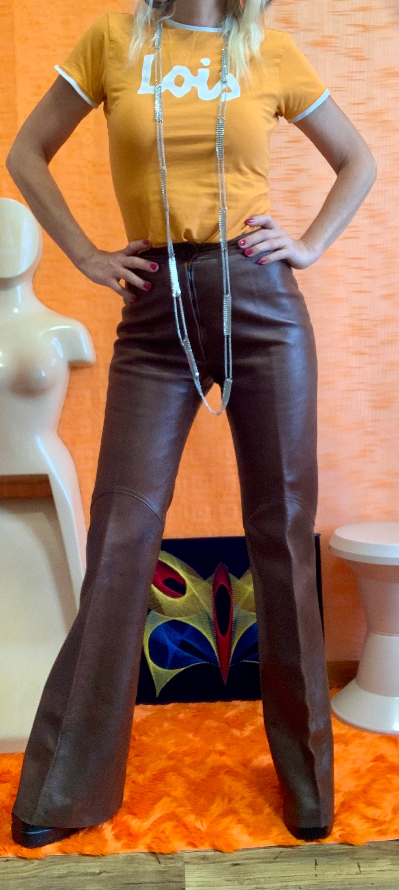 Incroyable Pantalon 70pants Pattes d’éléphant Flare Cuir Marron Unique