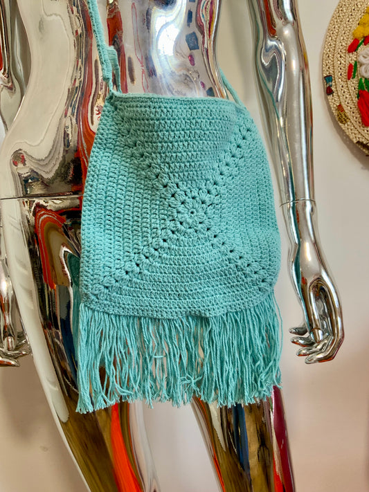 Sac tricot crochet Turquoise À bandoulière Vintage Hippie Chic
