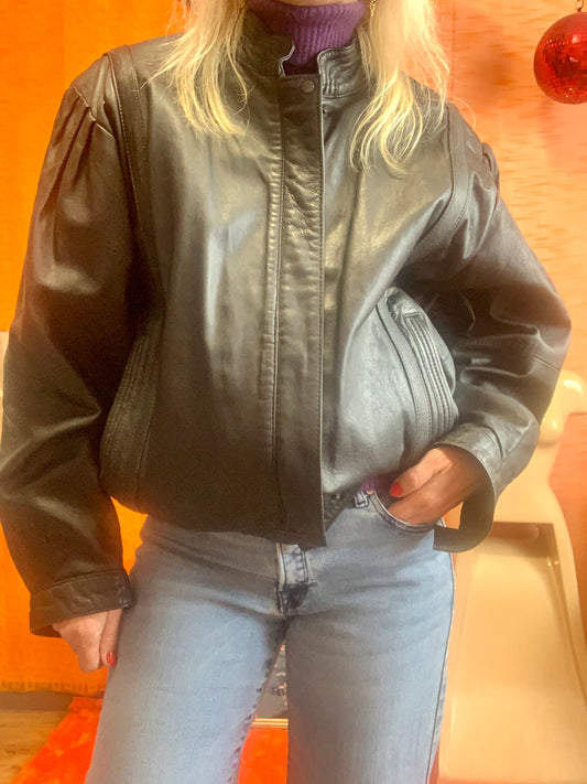 Blouson Cuir Noir Large Vintage Eighties Pur 1980