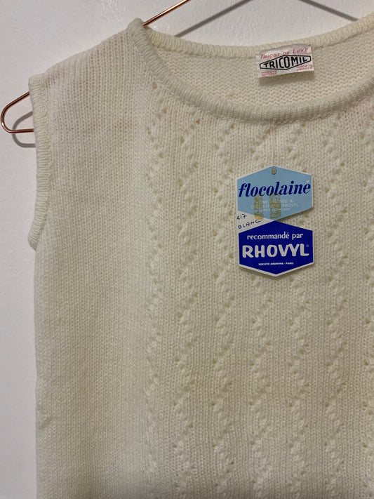 Pull sans manche mailles ajourées blanc en laine peignée Vintage 1970/80 Tricot Luxe
