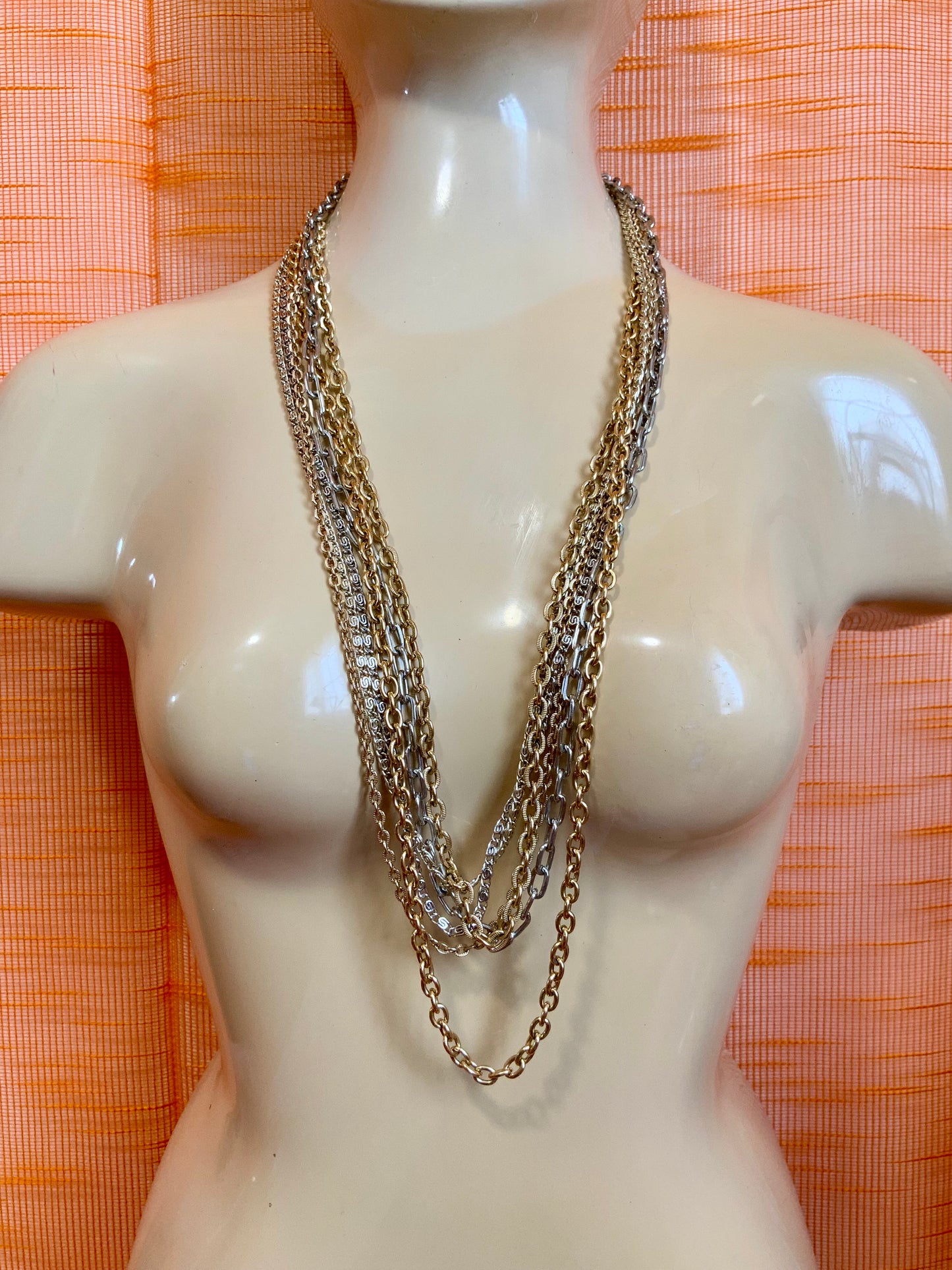 Collier 6 rangs chaînes metal doré et argenté Vintage