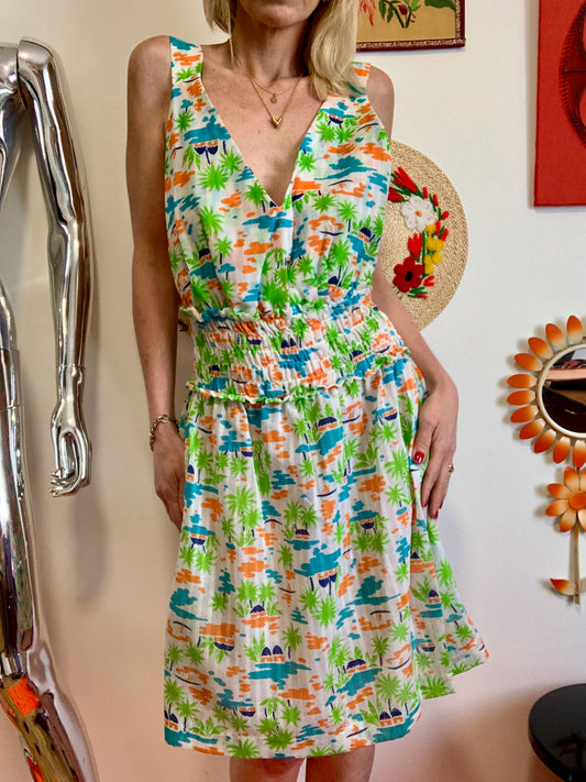 Robe Sexy A fleurs Été Vintage Dos Nu Bretelles 1970 Deadstock