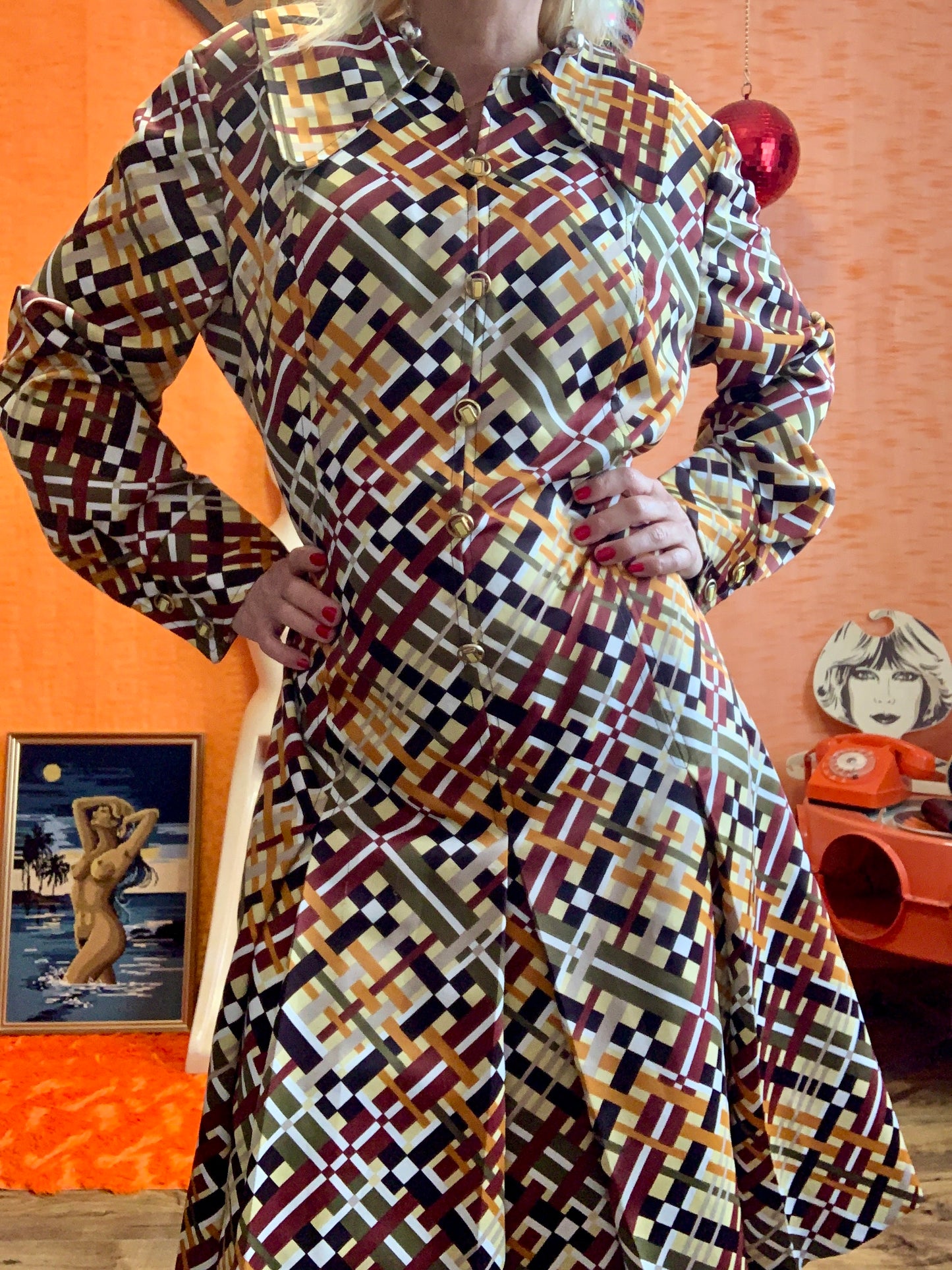 Sublime Robe a motifs géométriques Col pelle à tartes Vintage Création