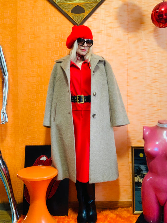 Manteau Laine Alpaga et cuir Vintage 1970 France Haut de gamme