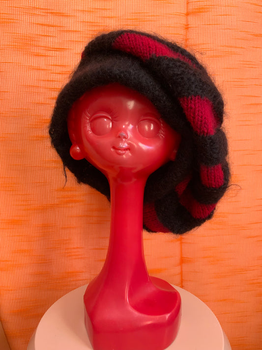 Grand chapeau original tricot laine et mohair à rayures Vintage création