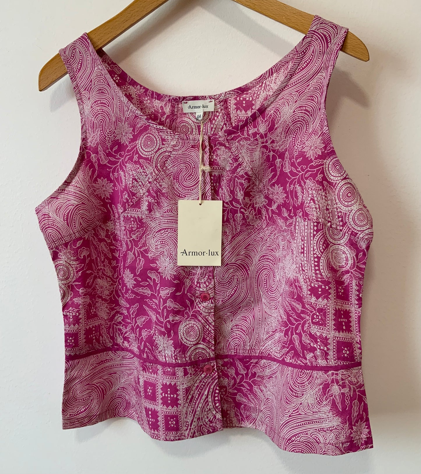 1980 Débardeur boutonné motifs fleurs Fuchsia Coton Deadstock Armor Lux Vintage