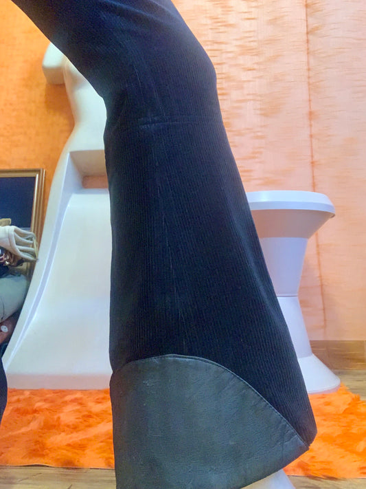 Sublime pantalon Fuseau Flare Velours côtelé et Cuir Vintage 1970 Noir