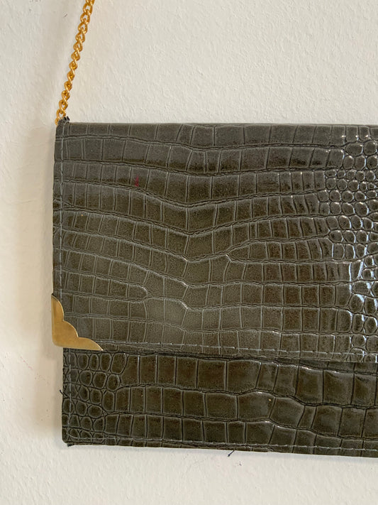 Sac à main Laniere chaîne Vintage cuir vernis grains Croco Ancien 1960/70