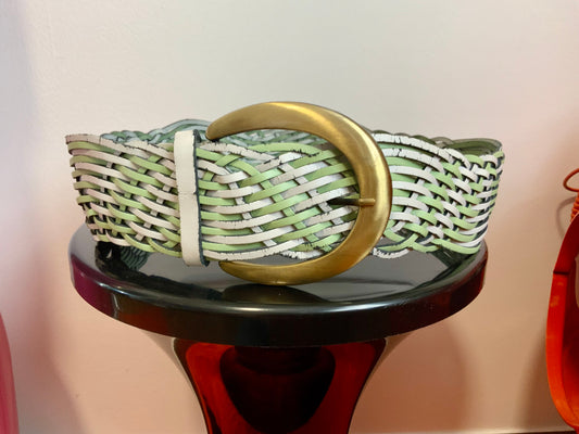 Ceinture Cuir tressé Blanc vert pastel Vintage 1980