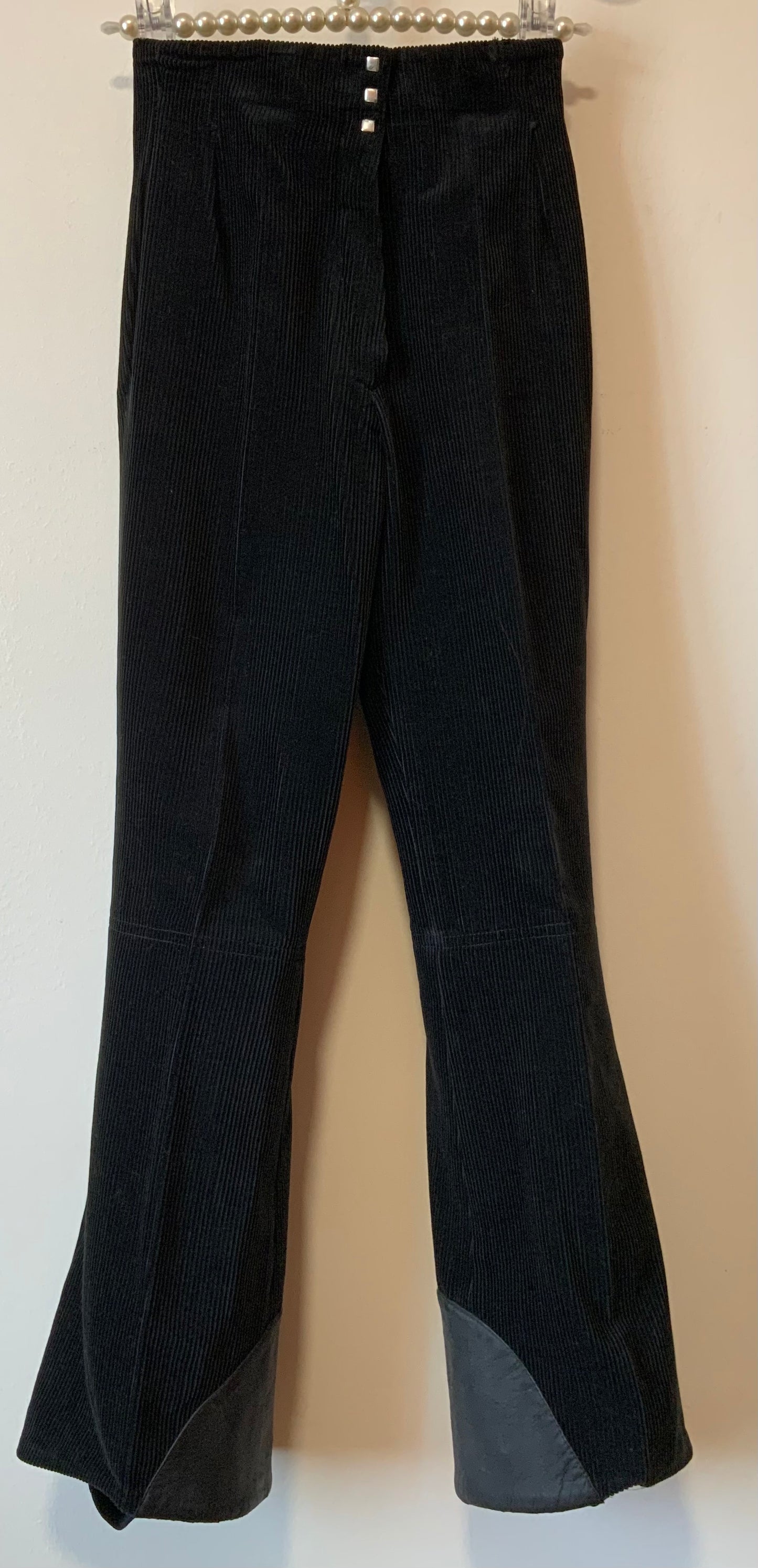 Sublime pantalon Fuseau Flare Velours côtelé et Cuir Vintage 1970 Noir
