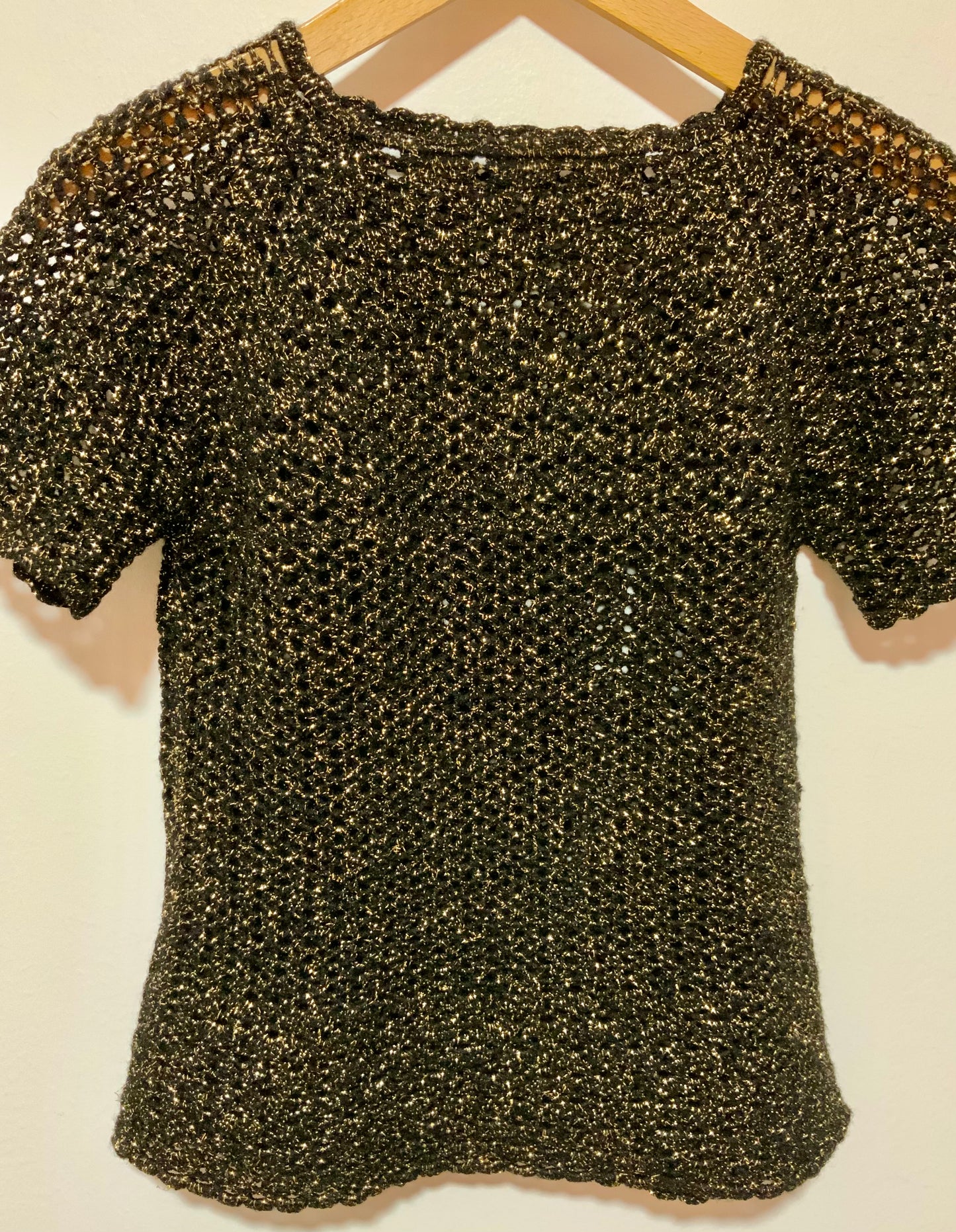 Pull Ajouré tricot crochet Noir Doré Vintage 1980