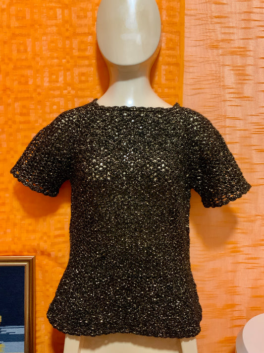 Pull Ajouré tricot crochet Noir Doré Vintage 1980