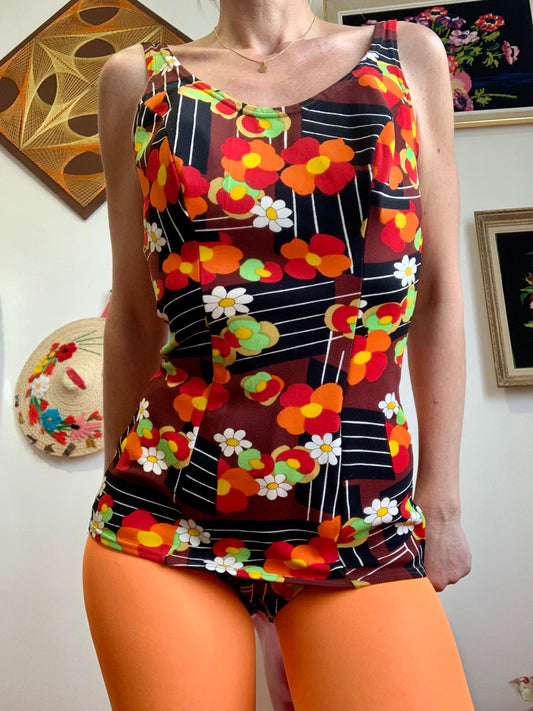 Sublime Maillot de Bain 1970 A fleurs Beauté Vintage