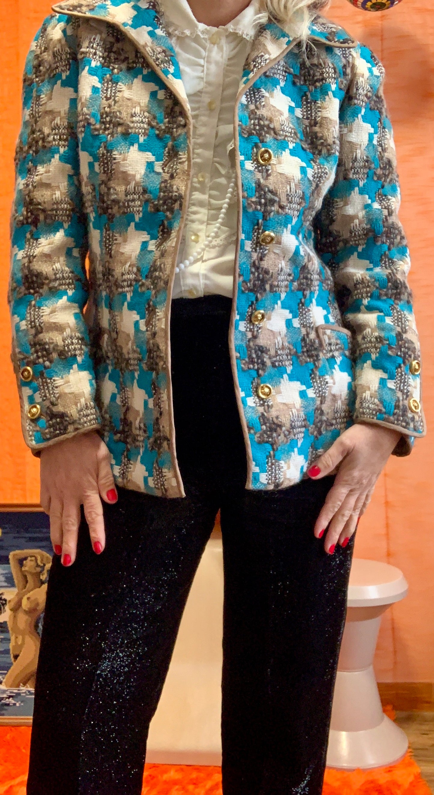 Veste blazer laine Turquoise gros carreaux pieds de poule Vintage Création Chic