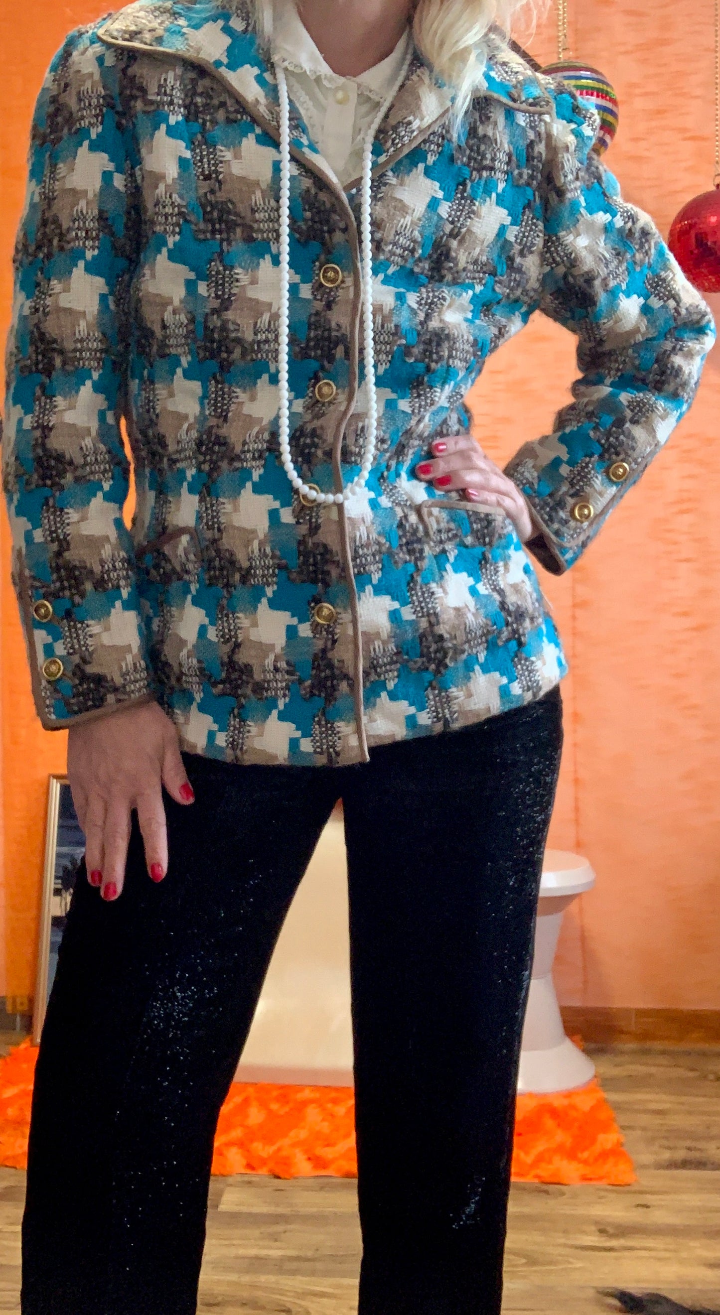 Veste blazer laine Turquoise gros carreaux pieds de poule Vintage Création Chic
