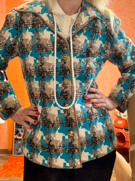 Veste blazer laine Turquoise gros carreaux pieds de poule Vintage Création Chic