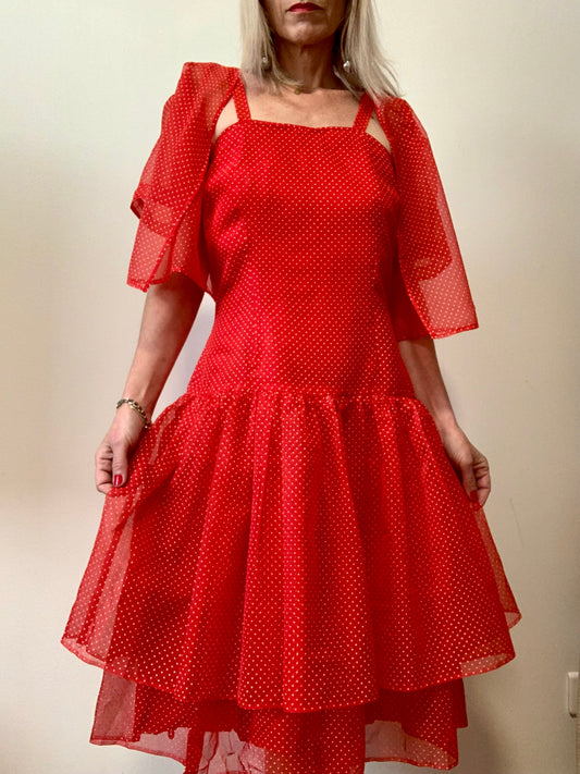 Robe à volants et Veste voile petits pois Création couture Vintage Beauté 1980