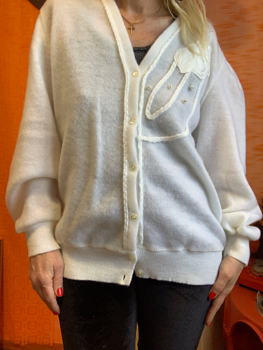 Gilet Vintage 1980 motifs Fleurs et perles Élégance