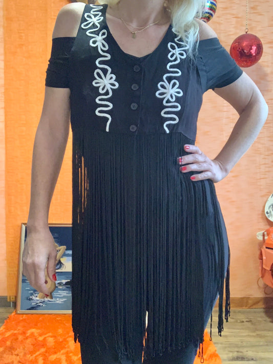 Gilet sans manche à franges broderies Vintage 1990 Pépite Vintage