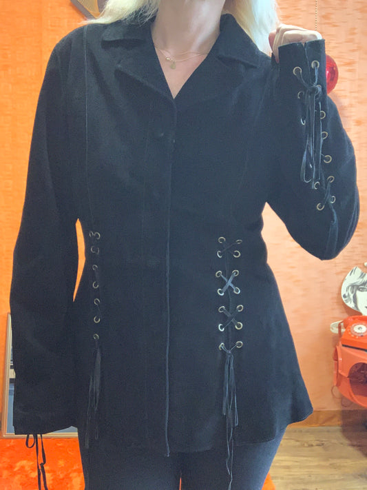 Veste Cuir daim noir à lacets Vintage 1990 Pépite