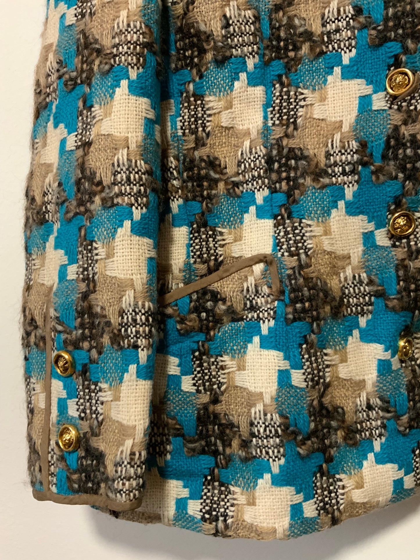 Veste blazer laine Turquoise gros carreaux pieds de poule Vintage Création Chic