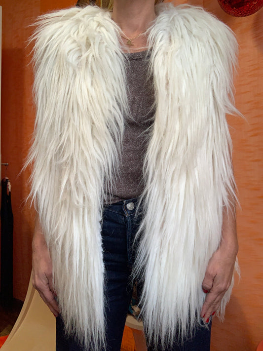 Sublime gilet sans manche à longue fourrure synthétique Vintage 1970/80 France