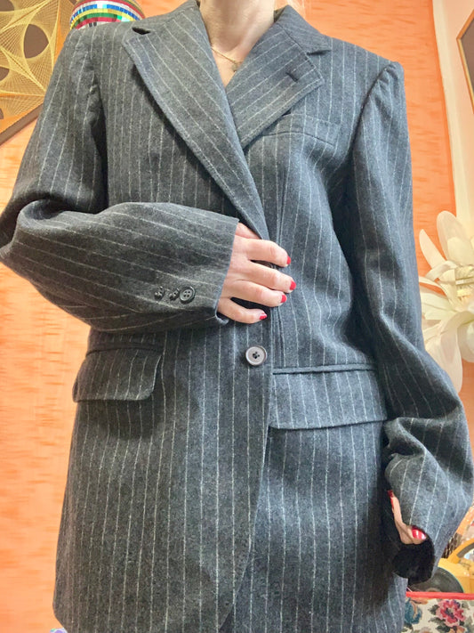 Veste Droite Pure Laine Woolmark à rayures Vintage Épaulettes Blazer