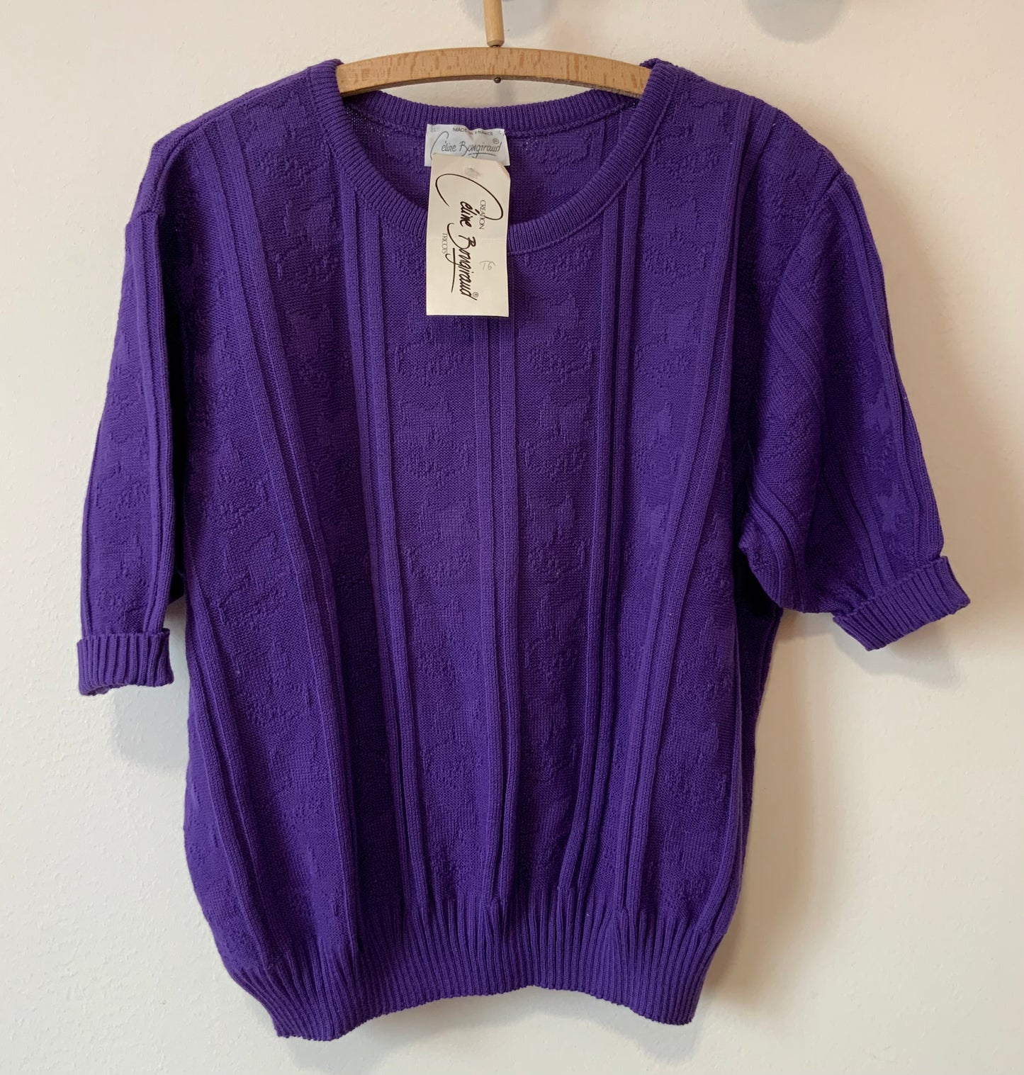 Pull Violet Motifs mailles Fleurs Vintage 1980 Paris France