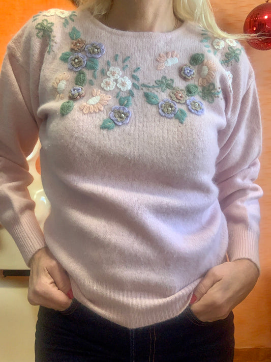 Pull Laine Angora à Fleurs brodées et perles  Vintage 1990