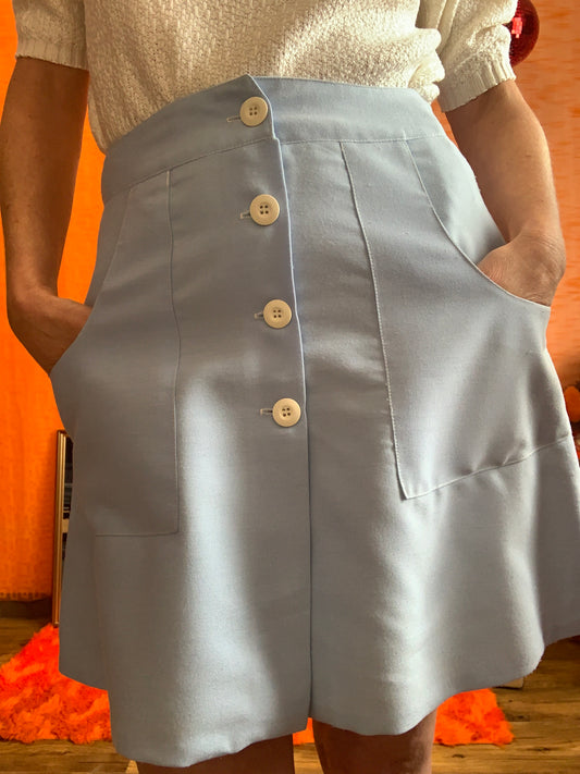Jupe courte boutonnée et grosses poches Vintage 1990 Bleu ciel