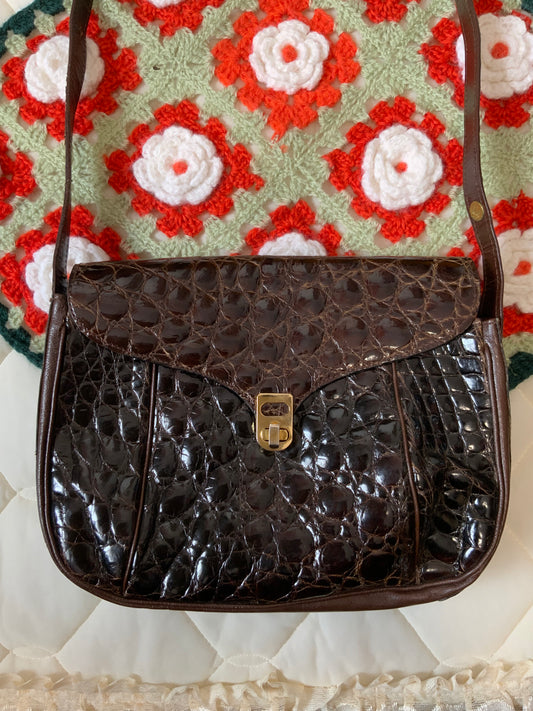 Sac Berma Authentique Veritable Croco Gros Grains vernis Made in France Paris Vintage