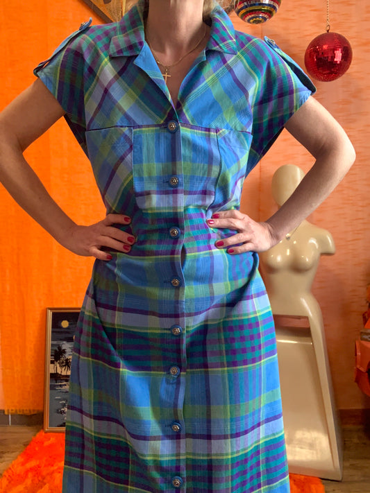 Robe boutonnée Vintage 1980 à carreaux Madras
