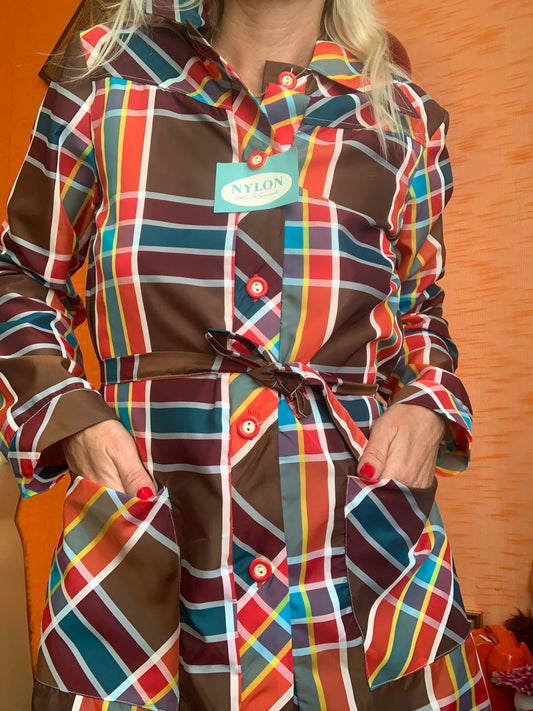 Superbe blouse nylon avec ceinture À carreau Neuve Vintage 1970