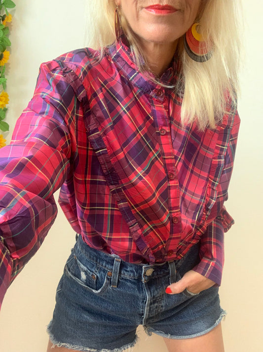 Chemise confectionnée main à carreaux Madras Vintage 1980