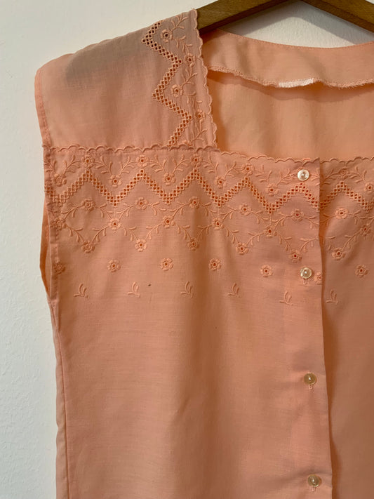 Chemisier abricot Vintage 1980 forme carrée Broderies anglaises fleurs