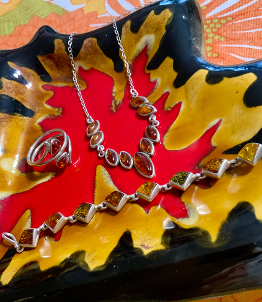 Ensemble complet de bijoux Argent et Ambre Vintage -