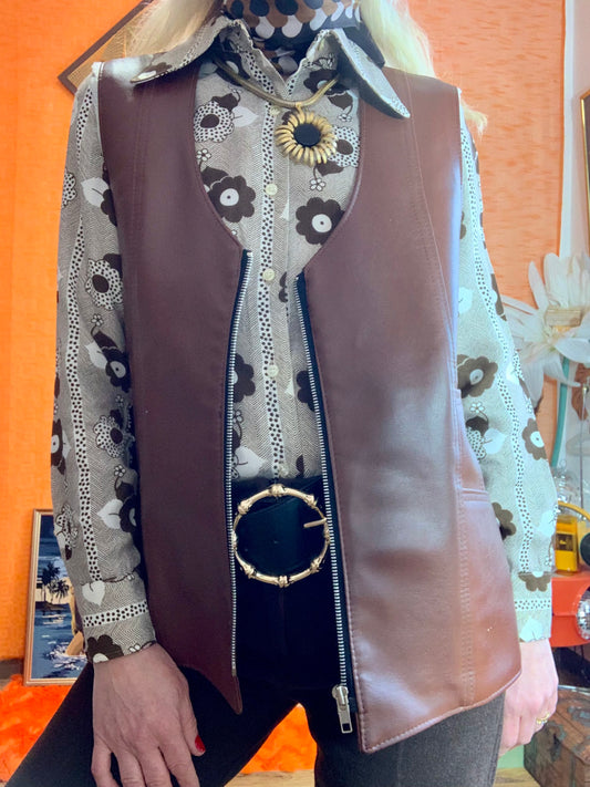 Blouson sans manche en simili Cuir Marron et Moumoute Vintage -