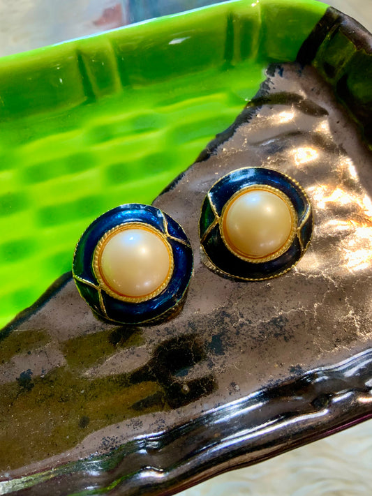 Boucles d’oreilles Vintage Métal perles émail 1980