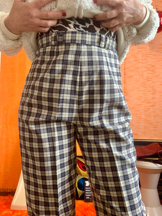 Pantalon à pinces droit à carreaux écossais bleus Vintage 1980/90