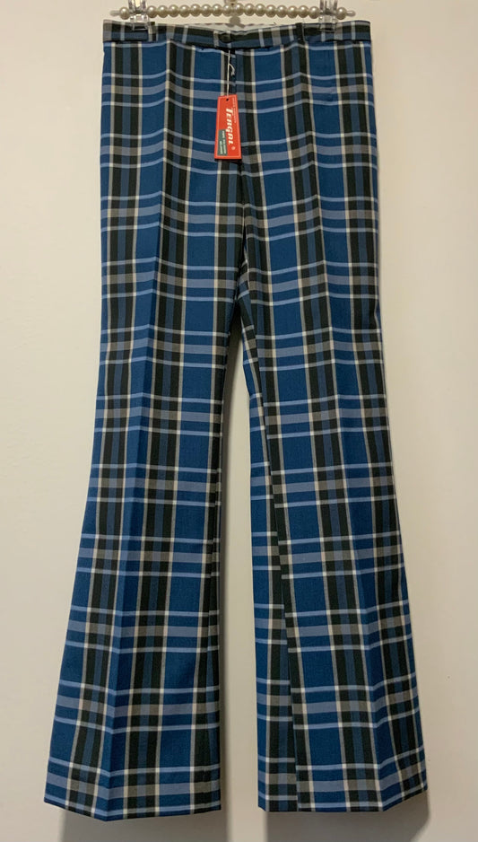 Pantalon Pattes d’éléphant Flare Carreaux Bleus Tergal Vintage 1970