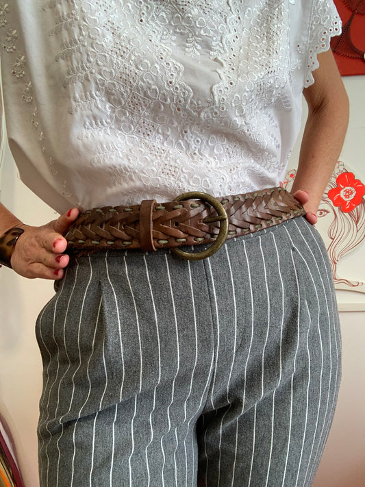 Ceinture Cuir Tressée Marron Caroll Vintage 1990