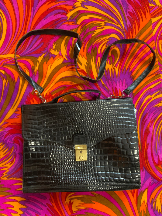 Sac à main cuir vernis grains croco Vintage Ancien