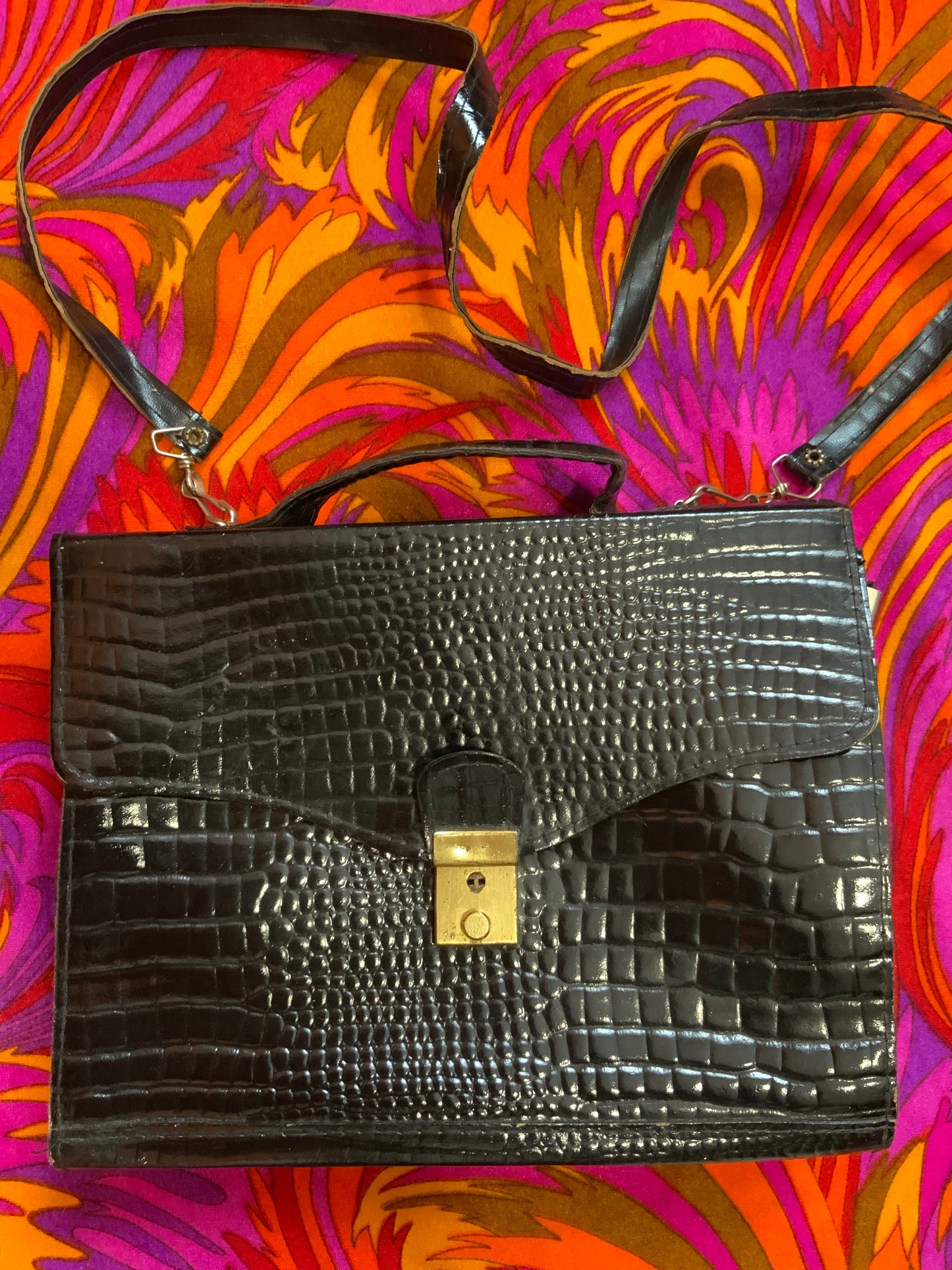 Sac à main cuir vernis grains croco Vintage Ancien