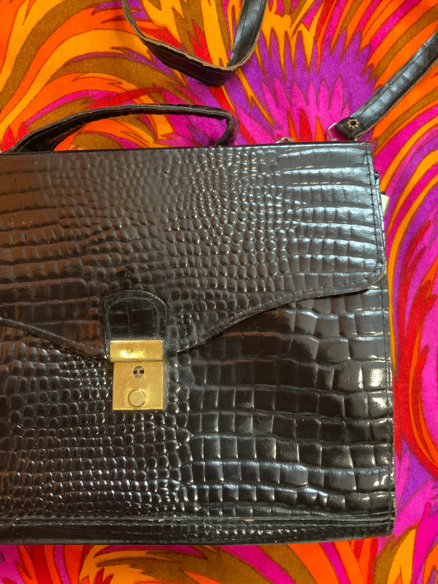 Sac à main cuir vernis grains croco Vintage Ancien