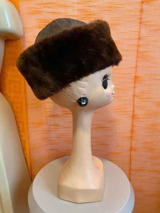 Chapeau Toque Cuir et Fausse fourrure Vintage Fashion