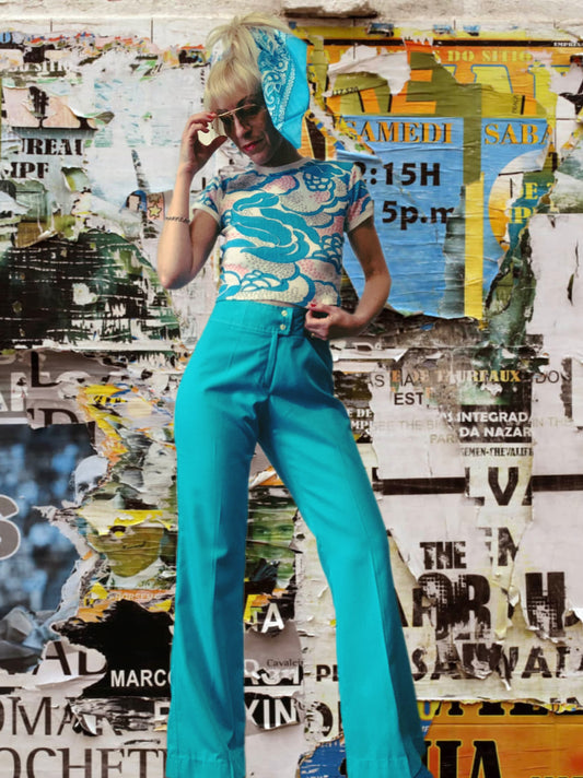 Pantalon pattes d’éléphant Bleu Turquoise Vintage 1970